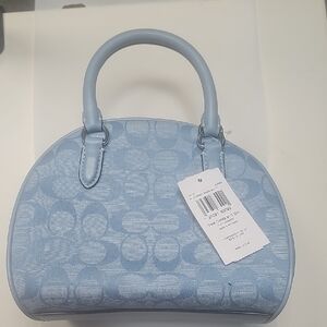 Coach Sydney Satchel in a blue signature chambray‎ fabric with leather trim NWT